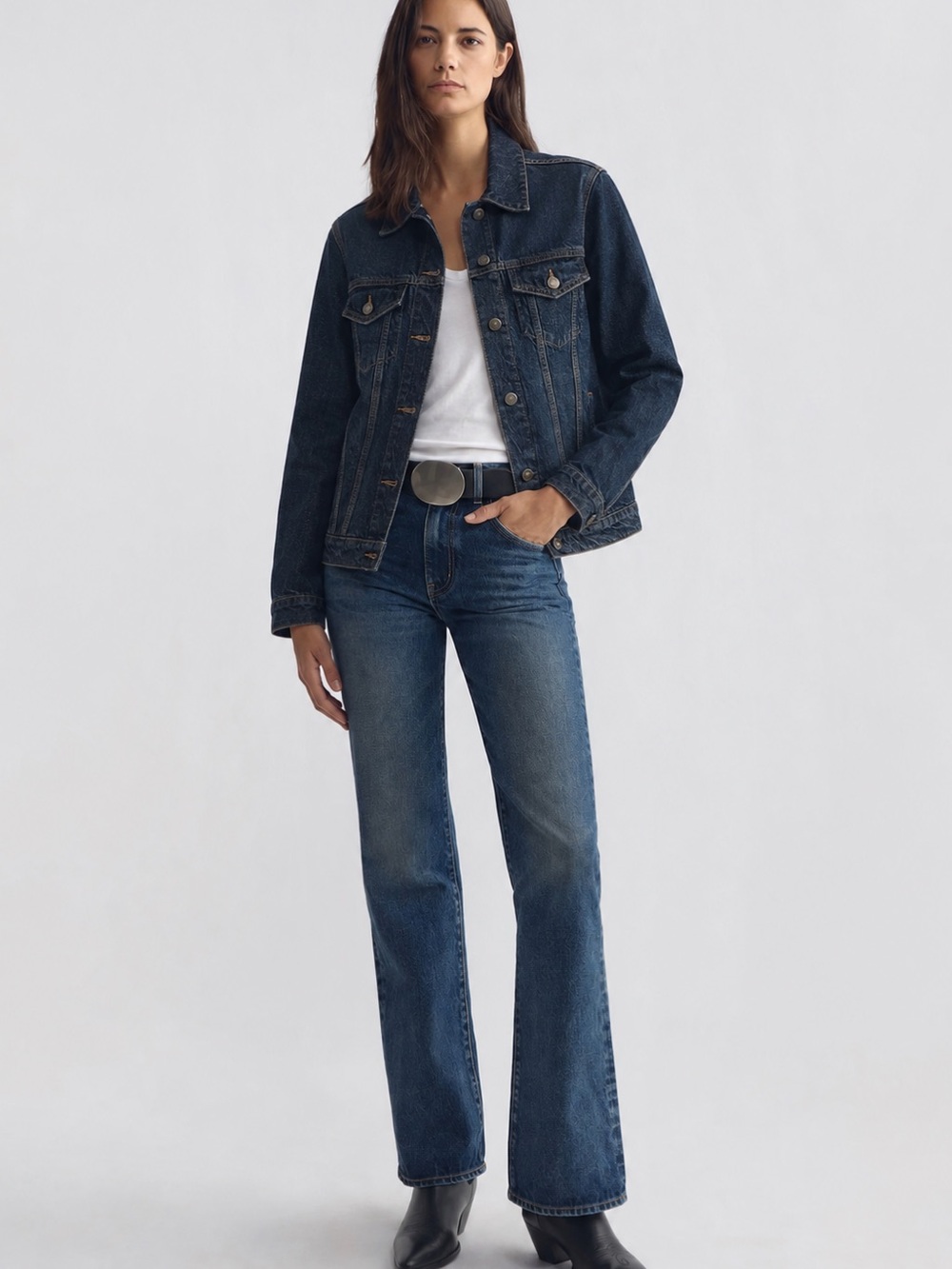 We the Free People Denim Jacket L Urban Trucker Oversize Dark Blue Jean NWOT